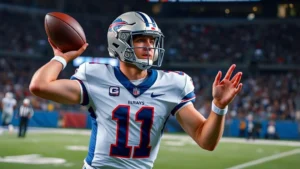 Dynamic football quarterback throwing a perfect spiral during intense game action, sweat visible, focused expression, stadium lights illuminating the field, professional action shot