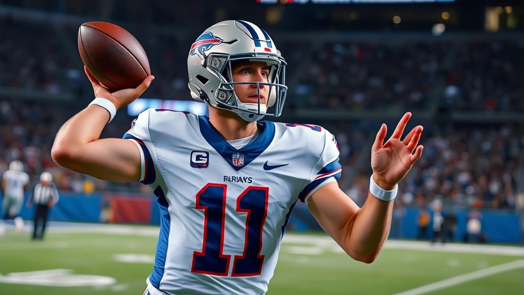 Dynamic football quarterback throwing a perfect spiral during intense game action, sweat visible, focused expression, stadium lights illuminating the field, professional action shot