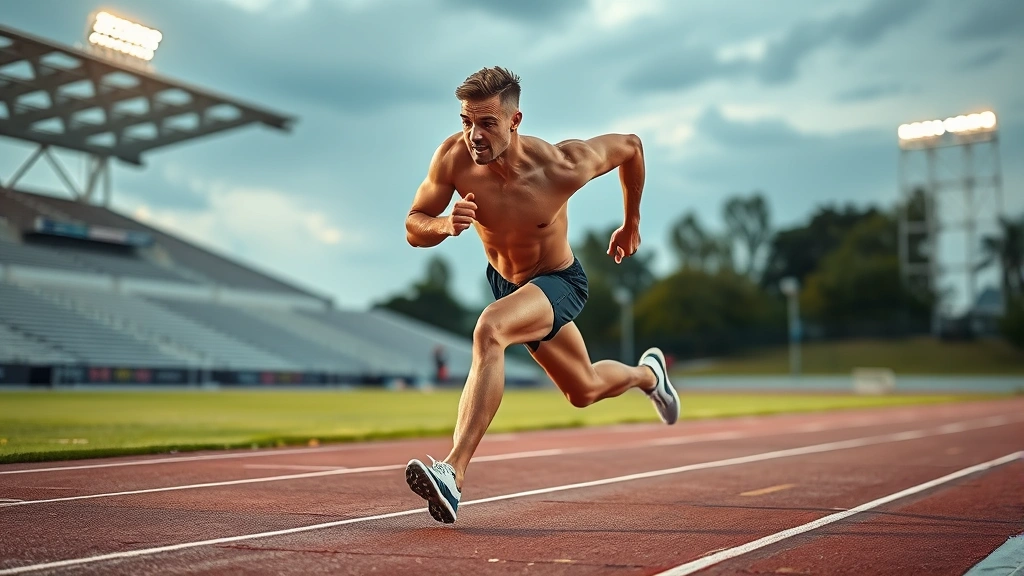Athletic male sprinter in explosive acceleration phase on outdoor track, muscles engaged, dynamic motion, professional stadium lighting, photorealistic