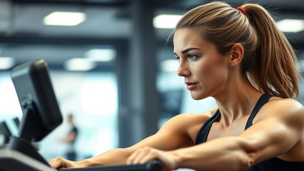 Female athlete performing high-intensity interval training on rowing machine, intense expression, sweat visible, modern gym environment, dynamic effort captured