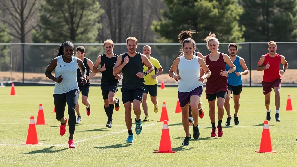Mixed group of competitive athletes performing team-based cardio circuit with cones and agility work, outdoor training field, natural daylight, focused intensity