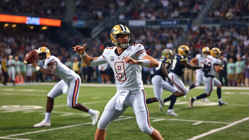 College football quarterback executing spread formation offense, athletes in motion creating spacing advantages, professional stadium lighting, dynamic athletic movement captured mid-play