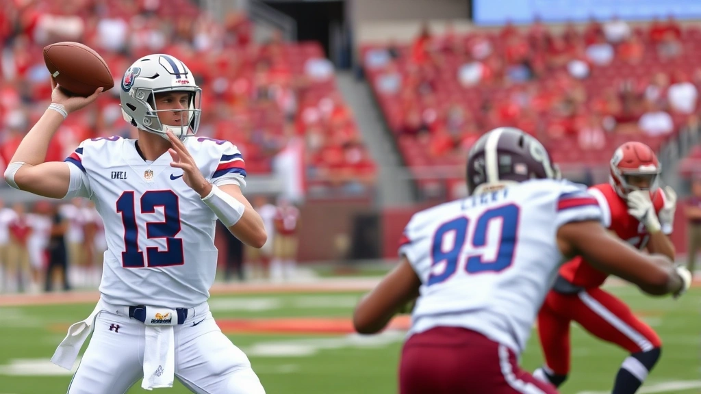 College football quarterback executing a precise pass in a game situation, showing proper mechanics and footwork, stadium in background