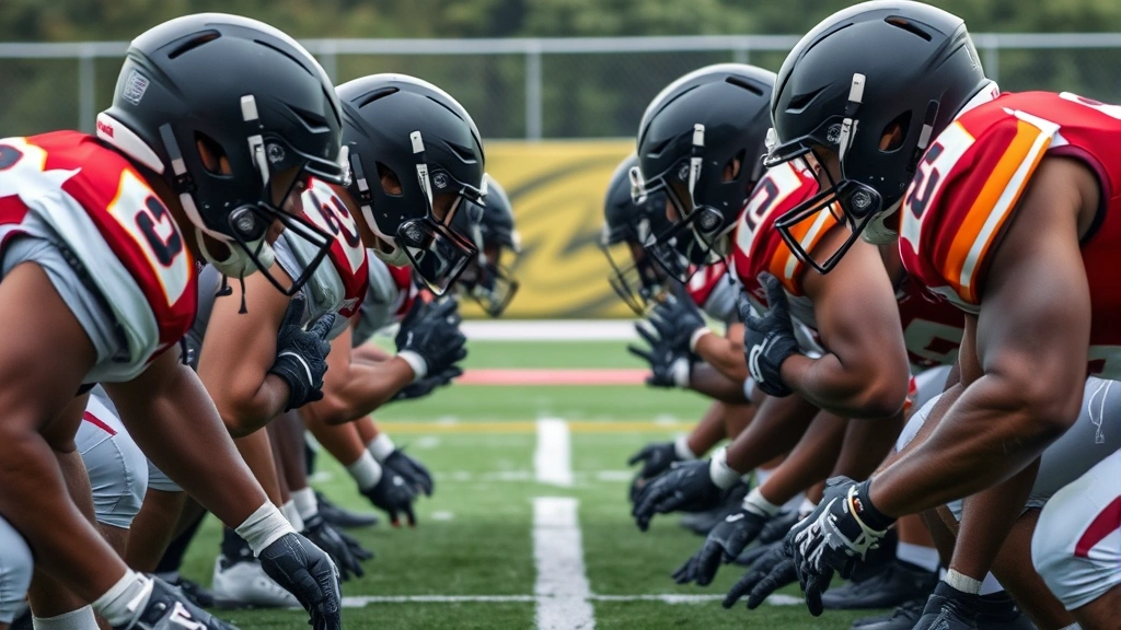 Defensive line of football players demonstrating gap discipline and leverage positioning during defensive drill, focused intensity on faces