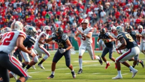 Intense college football game action showing two teams in competitive play, quarterback throwing football downfield with receivers running routes, natural stadium lighting, dynamic movement captured mid-play
