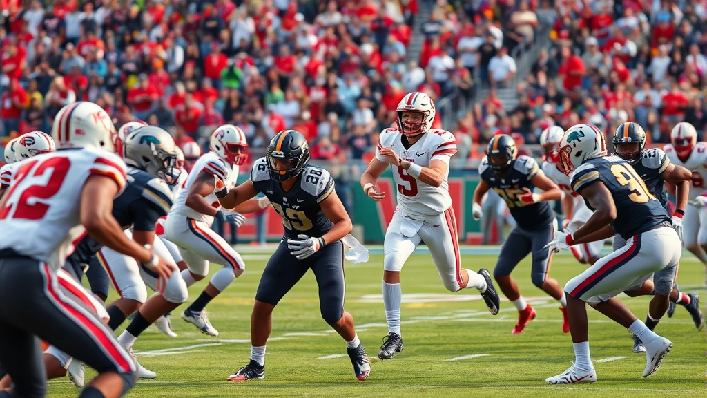 Intense college football game action showing two teams in competitive play, quarterback throwing football downfield with receivers running routes, natural stadium lighting, dynamic movement captured mid-play