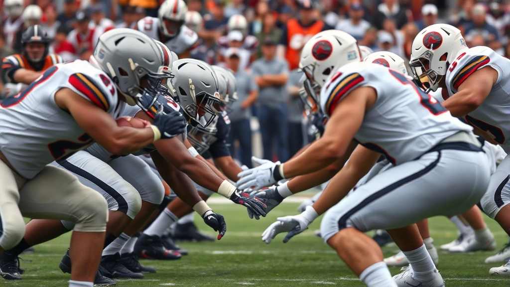 Close-up of football players executing offensive play with blocking assignments, offensive linemen engaging defenders at line of scrimmage, showing technique and physicality, authentic game environment