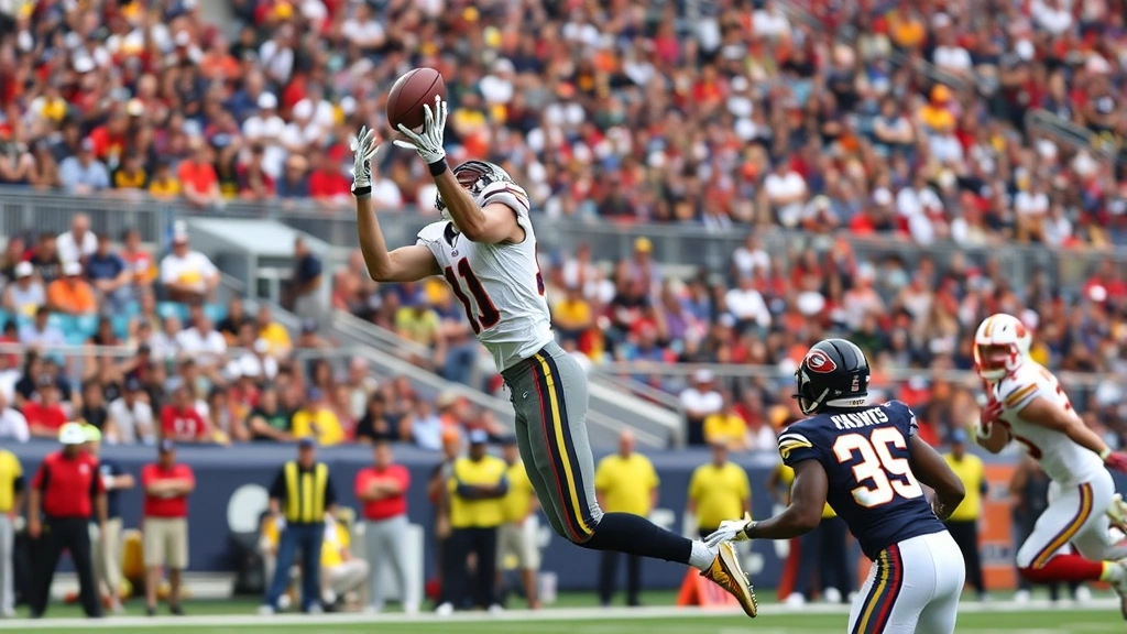 Wide receiver making athletic catch in traffic with defensive back nearby, mid-air reception showcase, competitive intensity between offensive and defensive players, crowd visible in stadium background