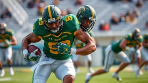 Muscular football player in North Dakota State Bison uniform executing explosive tackling drill during intense practice session, sweat visible, full-speed athletic effort, natural daylight stadium background