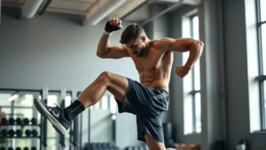 Athletic male football player performing explosive box jump in modern gym with natural lighting, intense focus, muscular physique, athletic wear