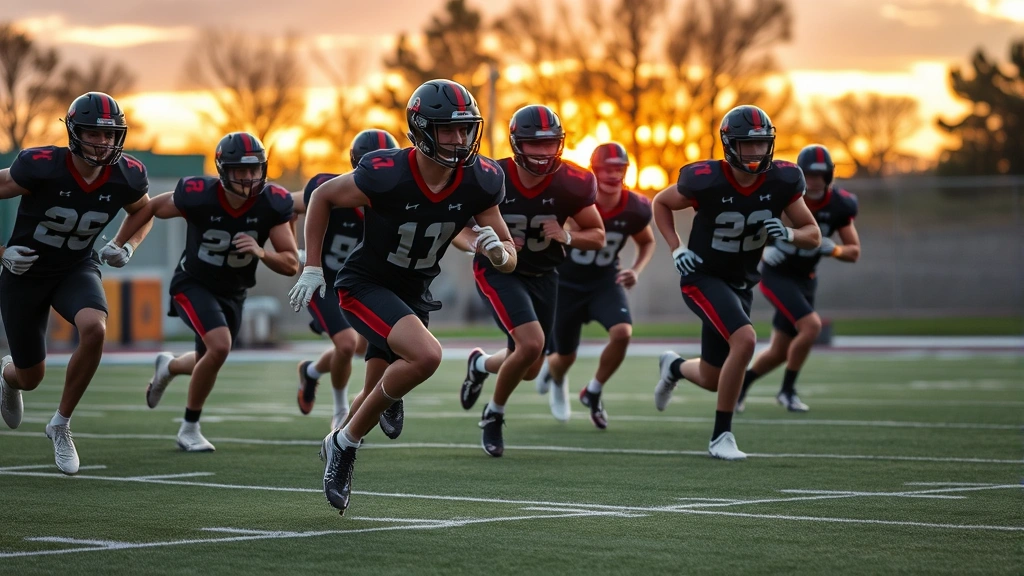 Group of college football players doing high-intensity interval training sprints on outdoor field at sunset, sweat visible, competitive intensity, team atmosphere