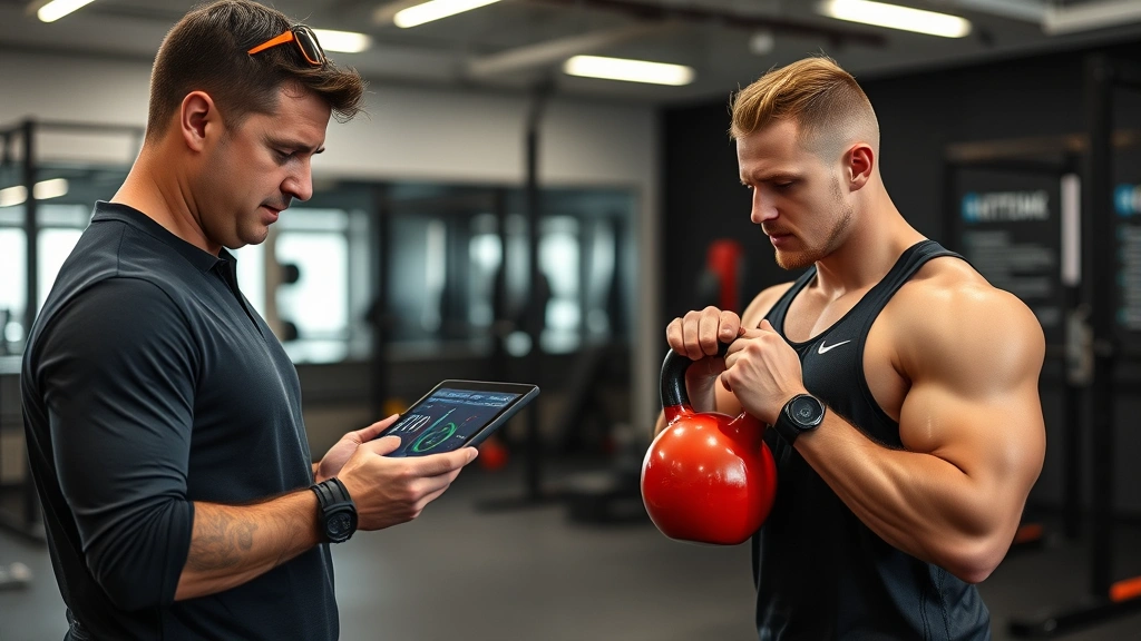 Professional strength and conditioning coach monitoring athlete performance metrics on digital tablet while athlete performs kettlebell exercise in state-of-the-art facility