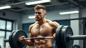Athletic male college football player performing explosive power clean with heavy barbell in modern university weight room, muscular physique, intense focused expression, professional lighting