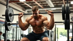 Muscular college football player performing explosive barbell squat in modern strength and conditioning facility, intense concentration, professional lighting, athletic physique