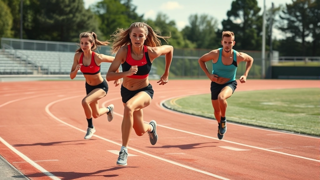Female and male athletes performing high-intensity sprint intervals on outdoor track field, athletic wear, maximum effort running motion, natural daylight, dynamic movement captured