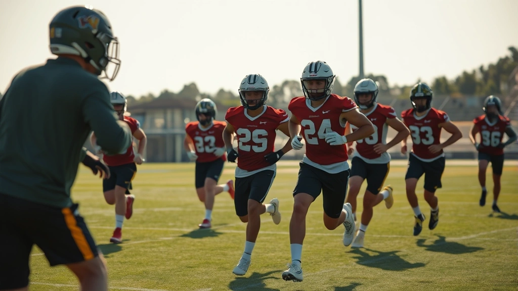 Multiple football players performing high-intensity interval training sprints on field with conditioning coach timing them, morning sunlight, sweat visible, determination evident