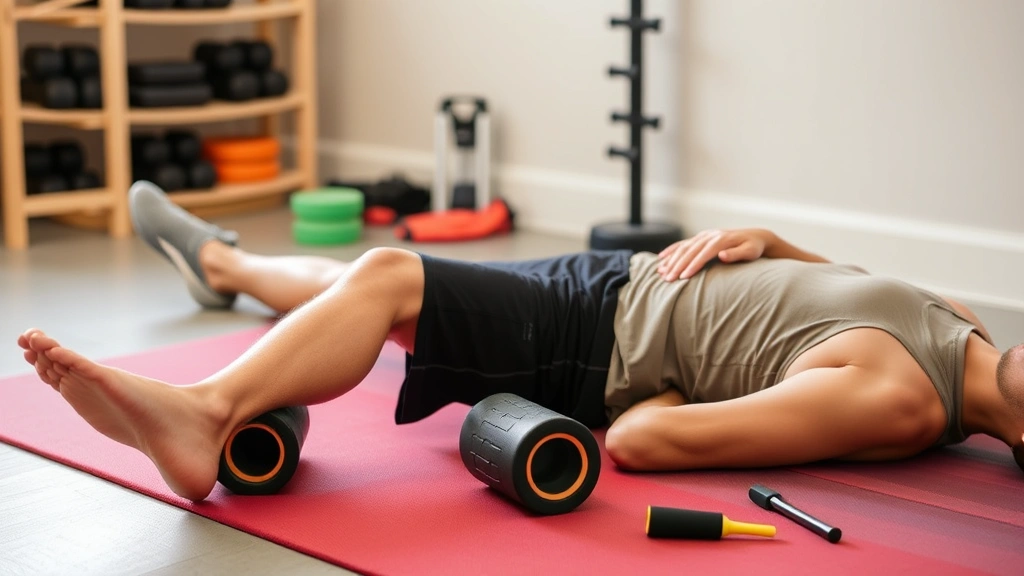 Professional recovery setup showing athlete receiving foam rolling massage on leg, recovery equipment visible including foam rollers and massage tools, relaxed focused posture, therapeutic environment