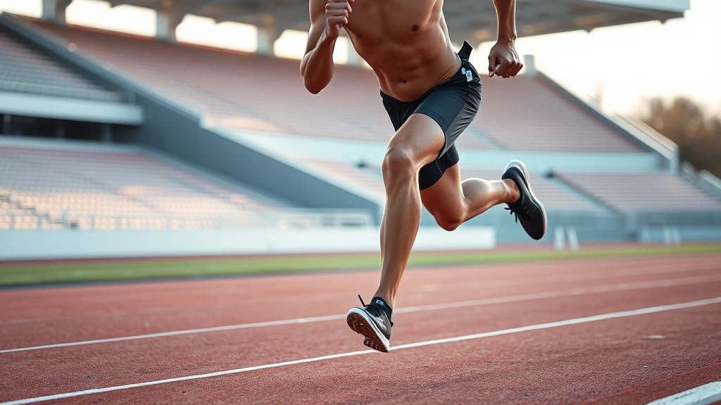Athletic runner sprinting on track with full concentration, muscles engaged, sweat visible, professional sports photography style, outdoor stadium setting, morning light, intense effort captured mid-stride