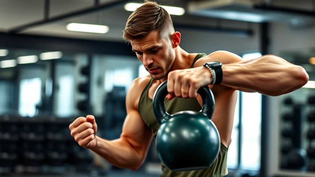 Athlete performing strength training with kettlebell in gym environment, focused expression, dynamic movement captured, professional fitness photography, proper form demonstration, athletic build highlighted, energetic atmosphere