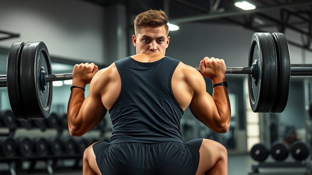 College football athlete performing heavy barbell back squat in modern strength training facility, sweat visible, focused expression, proper form with deep depth, gym setting with racked weights in background