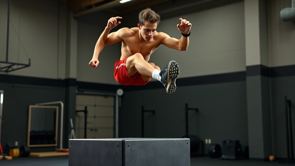 Male football player executing explosive box jump in athletic facility, maximum height achieved, athletic shoes on platform, concentrated effort, gym environment with training equipment visible