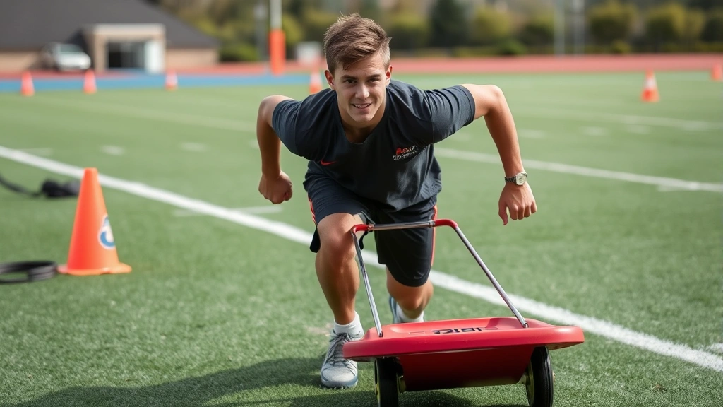 Young athlete performing sled push drill on turf field during conditioning session, explosive power movement, athletic wear, outdoor training ground with cones and equipment, determination on face