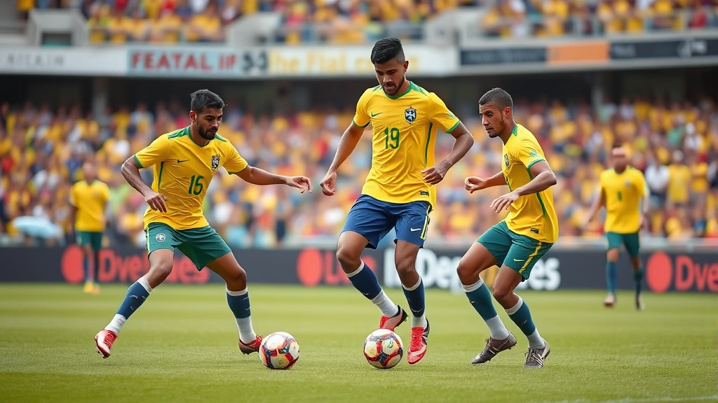 Professional football players in yellow Brazil kit executing precision passing drill on manicured grass field, focused intensity on faces, stadium background blurred