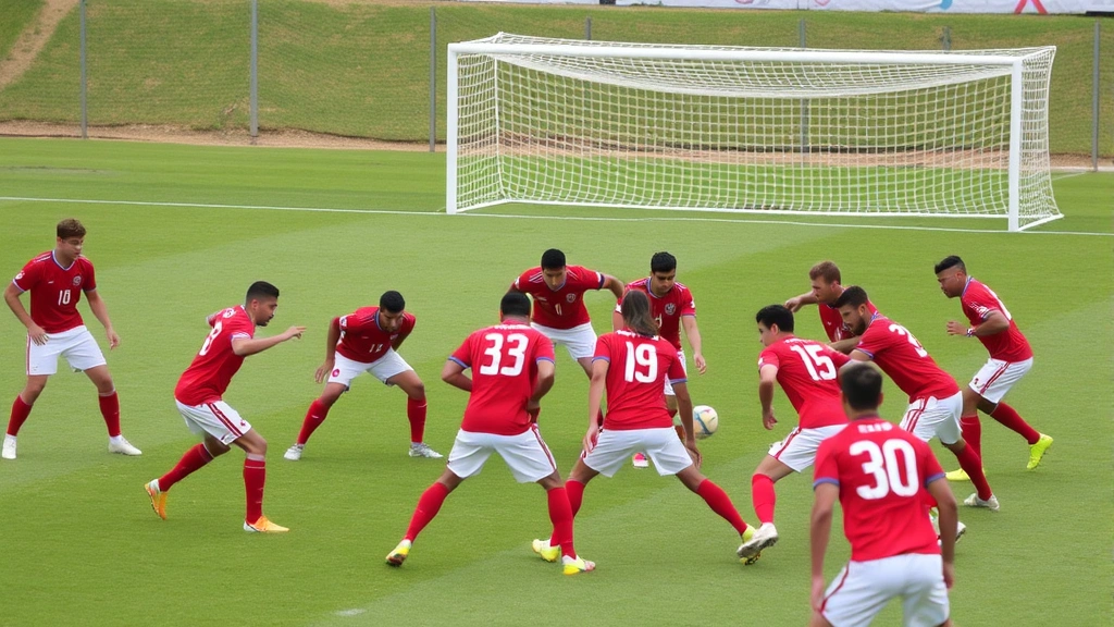 Peruvian national team players in red and white uniforms executing defensive formation drill, concentrated defensive positioning, training ground with goal posts visible