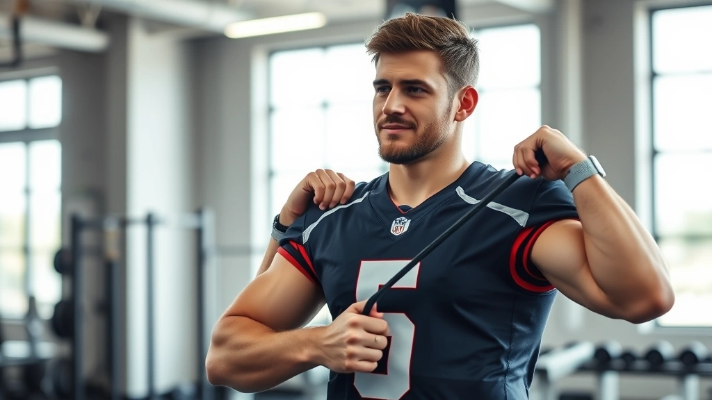 Quarterback in professional athletic training facility performing shoulder mobility exercises with resistance band, focused expression, modern gym environment with bright lighting