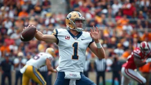 College football quarterback in mid-throw during intense game, sweat visible, crowded stadium background, professional action photography
