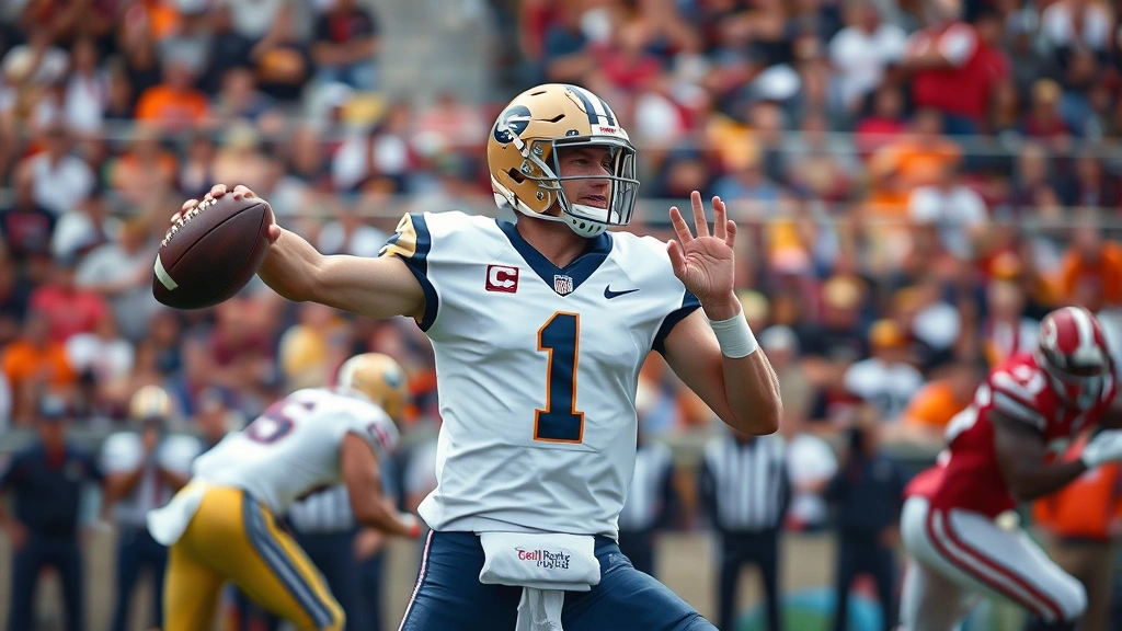College football quarterback in mid-throw during intense game, sweat visible, crowded stadium background, professional action photography