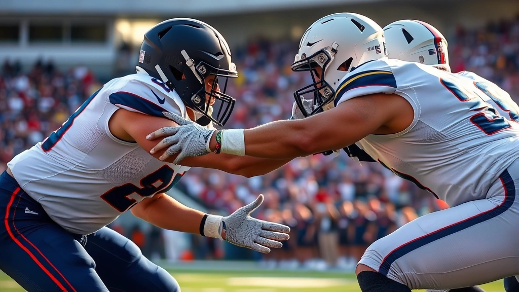 Defensive lineman breaking through offensive line, gap penetration, contact moment captured, natural stadium lighting