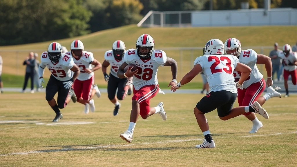 Running back in open field with blockers, athletic stride, grass visible, game-day atmosphere, dynamic motion