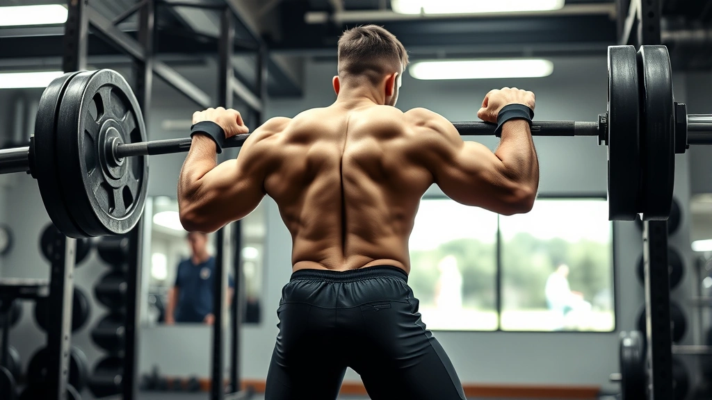 Muscular football player performing heavy back squat in professional weight room with proper form, demonstrating lower body strength development with loaded barbell