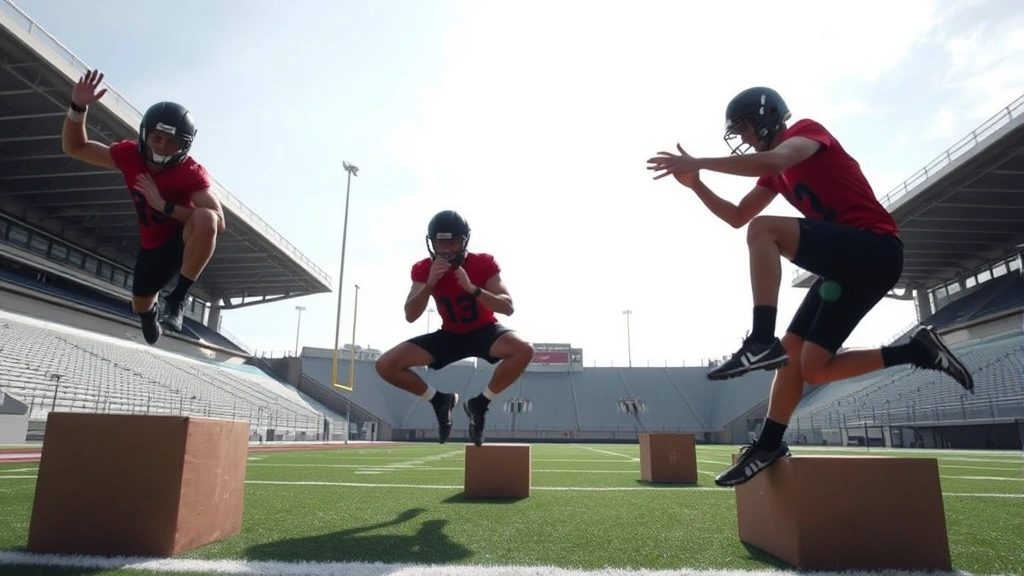 Athletic football players executing explosive box jump plyometrics outdoors during stadium training, showing powerful vertical leap and lower body power