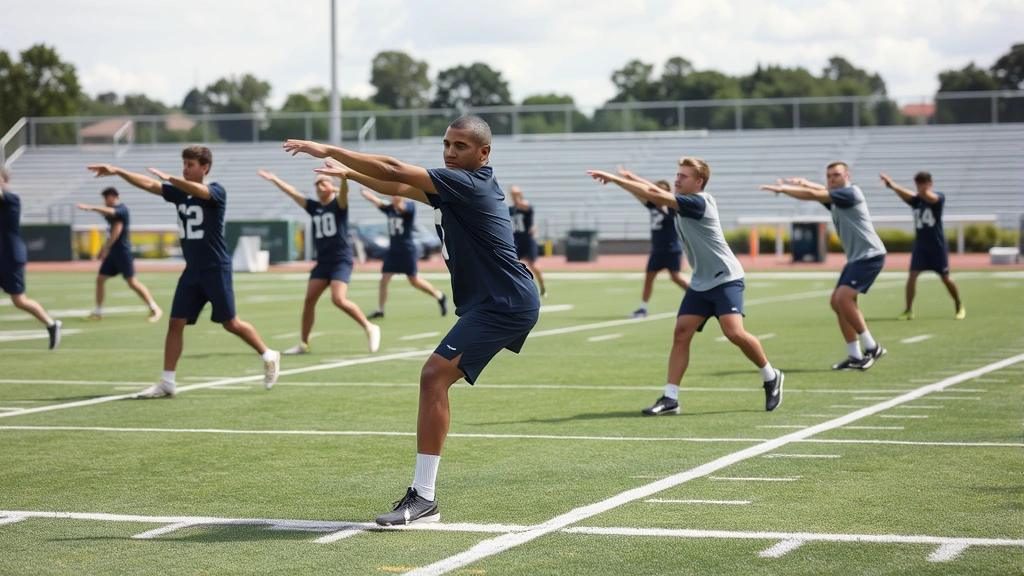 High school football players stretching and performing dynamic mobility work on practice field during warm-up, demonstrating flexibility and injury prevention techniques