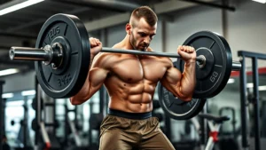 Athletic male performing explosive power clean with barbell in professional gym, dynamic movement capturing mid-lift phase, intense focus expression, proper form demonstration