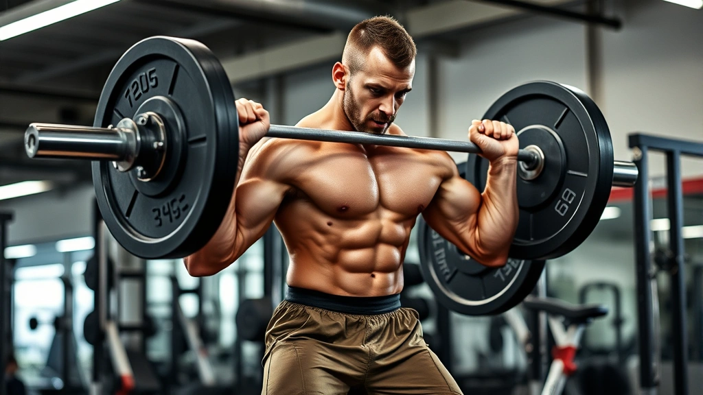Athletic male performing explosive power clean with barbell in professional gym, dynamic movement capturing mid-lift phase, intense focus expression, proper form demonstration