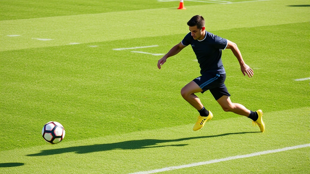 Athlete executing lateral agility drill with cones on grass field, explosive lateral movement, sharp directional change, professional training environment, dynamic athletic positioning