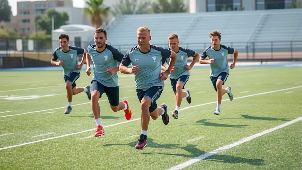 Team of football athletes performing high-intensity interval training sprint on field, maximum effort sprinting, multiple athletes captured mid-sprint, competitive training atmosphere, outdoor professional facility