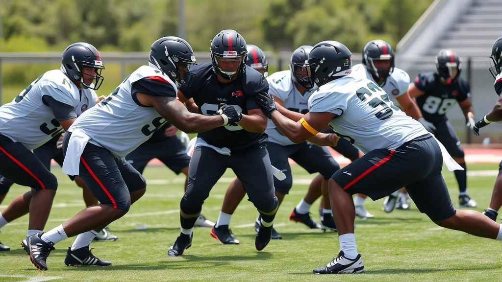 Professional football offensive linemen executing blocking drills during intense practice session, players in action with proper pad level and contact, outdoor field setting with clear visibility of technique and form