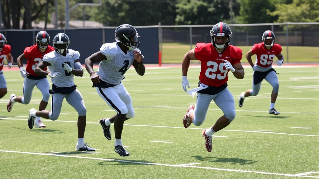 Defensive backs and cornerbacks running coverage drills at full speed, players demonstrating backpedal technique and directional breaks, practice field with natural lighting showing athletic movement and positioning