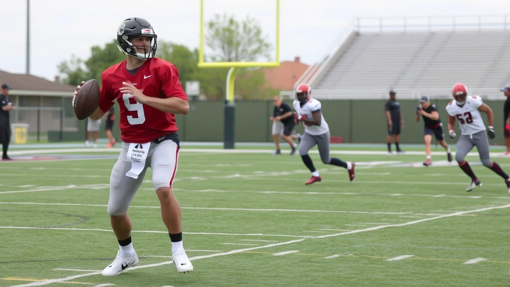 Quarterback executing proper footwork during seven-step drop drill, ball position and posture visible, receivers running routes in background, practice scenario showing mechanics and field vision