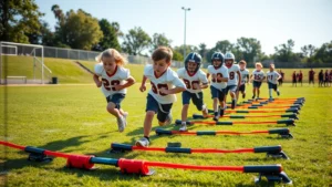 Young kids in football uniforms running through agility ladder drill on grass field, focused concentration, bright sunny day, youth football practice scene