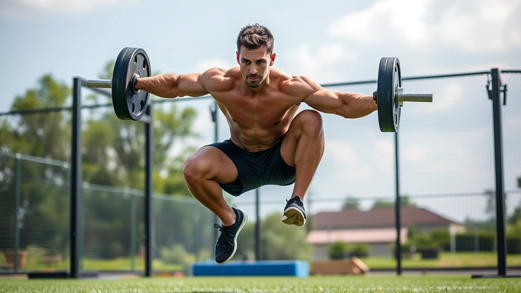 Athlete performing explosive jump squat with power and intensity, mid-air with perfect form, dynamic motion captured, muscular definition visible, outdoor training environment