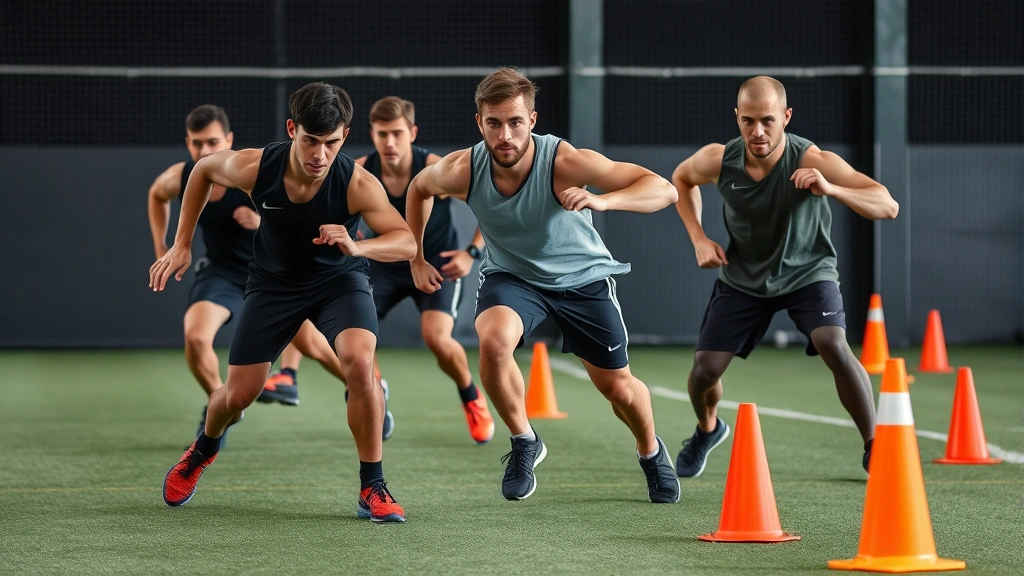 Multiple athletes performing lateral bounds and agility drills with cone setup, explosive lateral movement, athletic wear, focused expressions, professional training setting