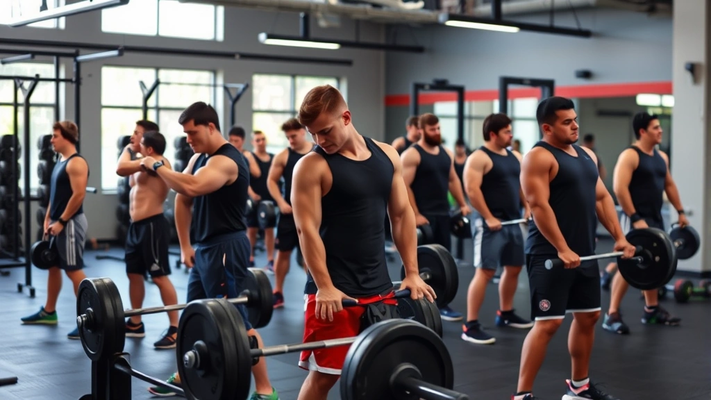 High school football team performing synchronized strength training exercises in modern weight room with barbells and dumbbells, athletes demonstrating proper form during compound lifts, natural gym lighting