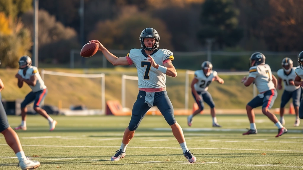Football quarterback in action during practice drill, executing footwork and releasing pass downfield, receivers in routes, autumn afternoon lighting, focused athletic performance