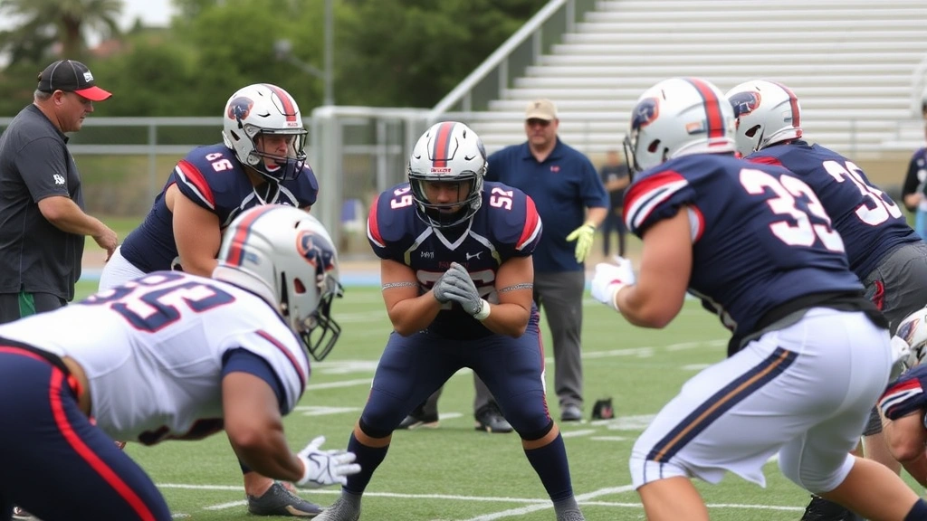 Defensive line players executing gap integrity drill, coaches observing and providing feedback, multiple athletes demonstrating proper stance and positioning, competitive practice environment