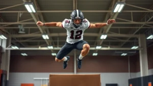 High school football player performing explosive box jump in modern training facility, athletic wear, focused expression, dynamic motion captured mid-leap with proper form
